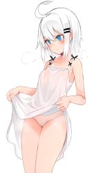 Rule 34 | 1girl, ahoge, bare arms, bare shoulders, blue eyes, blush, breasts, clothes lift, collarbone, commentary request, cowboy shot, dress, dress lift, hair ornament, hairclip, highres, lifted by self, original, otokuyou, panties, parted lips, ringo-chan (otokuyou), short hair, sigh, simple background, small breasts, solo, sweat, underwear, white background, white dress, white hair