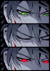 Rule 34 | 1boy, alternate eye color, blood, blood on face, close-up, closed eyes, earrings, eye focus, fate/grand order, fate (series), green eyes, highres, jewelry, koshiro itsuki, limited palette, long hair, male focus, romulus quirinus (fate), sequential, solo, spot color