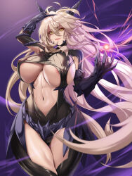 Rule 34 | 1girl, artoria pendragon (fate), artoria pendragon (lancer alter) (fate), battlesuit, blonde hair, breasts, cleavage cutout, clothing cutout, commission, eyebrows hidden by hair, fate/grand order, fate (series), gauntlets, hair between eyes, highres, horns, huge breasts, long hair, looking at viewer, mad kimo, navel, solo, thighs, underboob, yellow eyes