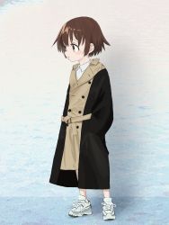 Rule 34 | 1girl, absurdres, bad id, bad twitter id, black coat, brown coat, brown eyes, brown hair, buttons, coat, collared shirt, double-breasted, full body, gishiki (gshk), highres, kill me baby, open clothes, open coat, oribe yasuna, parted lips, shirt, shoes, short hair, solo, standing, white footwear, white shirt, wing collar