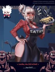 Rule 34 | 1girl, apron, black thighhighs, blunt bangs, blush, breasts, cleavage, clothes writing, covered erect nipples, covered navel, demon girl, demon tail, english text, food, fork, glorious success, hand up, helltaker, horns, looking at viewer, lucifer (helltaker), mole, mole under eye, niur, pancake, plate, ponytail, red eyes, skeleton (helltaker), skindentation, solo, tail, tail wagging, thighhighs, tsundere, white hair