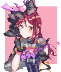 Rule 34 | 1girl, bad id, bad pixiv id, black gloves, blush, capelet, demon, earrings, feather hair ornament, feathers, frilled shirt collar, frills, gloves, hair ornament, hairclip, half updo, heart, heart earrings, heart hair ornament, highres, holding, holding lantern, horns, jewelry, kaisou (0731waka), lantern, long hair, looking at viewer, love live!, love live! school idol festival, love live! sunshine!!, on shoulder, pink background, pink feathers, red hair, sakurauchi riko, smile, upper body, v-shaped eyes, yellow eyes