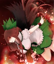 Rule 34 | 1girl, arano oki, arm cannon, bow, breasts, brown hair, feathered wings, hair bow, highres, large breasts, long hair, red shirt, reiuji utsuho, shirt, solo, touhou, weapon, wings, wristband