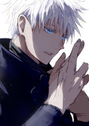 Rule 34 | 1boy, black jacket, blindfold down, blue eyes, colored eyelashes, commentary request, eye focus, eyelashes, gojou satoru, hair between eyes, jacket, jujutsu kaisen, long sleeves, looking away, male focus, nori20170709, own hands together, parted lips, short hair, simple background, solo, white background, white hair