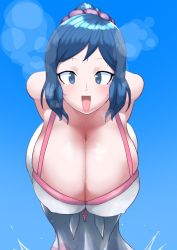 Rule 34 | blue eyes, blue hair, breasts, close-up, gundam, gundam build fighters, huge breasts, iori rinko, mature female, open mouth, pov, sarong, smile