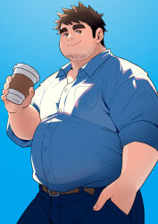 Rule 34 | 1boy, ai-assisted, bara, beard stubble, belly, brown eyes, brown hair, cowboy shot, cup, denim, disposable cup, facial hair, fat, fat man, hand in pocket, highres, huge eyebrows, jeans, looking at viewer, male focus, medium sideburns, original, pants, short hair, solo, standing, stubble, yuzpoco