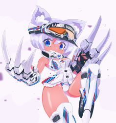 Rule 34 | 1girl, animal ear fluff, animal ears, armored boots, black gloves, blue eyes, bmw 3 series, bmw m3, boots, breasts, cat ears, claws, covered mouth, fingerless gloves, gas mask, gloves, goggles, goggles on headwear, grey background, highres, leotard, looking at viewer, mask, mecha musume, medium breasts, original, personification, rikona, short hair, silver hair, smile, solo, visor cape, white leotard