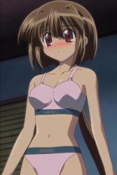 Rule 34 | 00s, 1girl, blush, bra, breasts, brown hair, covered erect nipples, guardian hearts, hina, hina (guardian hearts), lingerie, long hair, panties, pink hair, ponytail, red eyes, screencap, short hair, solo, sports bra, stitched, stomach, third-party edit, underwear, underwear only, very long hair