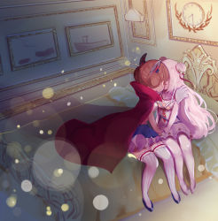 Rule 34 | 2girls, azur lane, breasts, brown hair, cape, cloak, clock, closed eyes, clothing cutout, commentary request, double bun, drawing (object), dutch angle, hair bun, hair ribbon, highres, holding hands, indoors, interlocked fingers, kiss, le malin (azur lane), le triomphant (azur lane), long hair, multiple girls, on bed, pantyhose, picture frame, red cape, ribbon, short hair, silver hair, sitting, small breasts, striped clothes, striped legwear, striped thighhighs, thighhighs, tutu, underboob, underboob cutout, user jgmp2247, vertical-striped clothes, vertical-striped thighhighs, very long hair, white legwear, yuri
