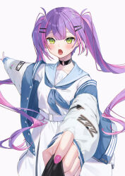 Rule 34 | 1girl, absurdres, alternate costume, blush, collar, ear piercing, green eyes, hair ornament, hairclip, highres, hololive, jacket, long hair, looking at viewer, multicolored hair, nail polish, necktie, open clothes, open jacket, piercing, pink hair, pointing, pointing forward, purple hair, runlan 0329, school uniform, solo, tokoyami towa, twintails, virtual youtuber