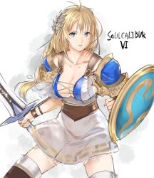 Rule 34 | 1girl, armor, blonde hair, blue eyes, breasts, cleavage, copyright name, highres, holding, holding sword, holding weapon, large breasts, long hair, looking at viewer, shield, shoulder pads, simple background, solo, sophitia alexandra, soul calibur, standing, sword, tetsu (kimuchi), thighhighs, thighs, weapon