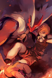 Rule 34 | abstract background, blaziken, blonde hair, creatures (company), dynamic pose, embers, fire, game freak, gen 3 pokemon, hand on another&#039;s chest, holding, holding poke ball, medium hair, nintendo, poke ball, poke ball (basic), pokemon, pokemon (creature), red eyes, ruby feather, shorts, signature, smoke