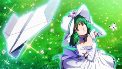 Rule 34 | 1girl, breasts, bug, butterfly, dress, elbow gloves, flower, game cg, gloves, green hair, hand on headwear, hand on own chest, hat, hat flower, bug, looking up, macross, macross frontier, macross frontier: sayonara no tsubasa, official art, paper airplane, puffy short sleeves, puffy sleeves, ranka lee, red eyes, ribbon, short hair, short sleeves, small breasts, solo, sun hat, uta macross sumaho deculture, white dress, white gloves, wind