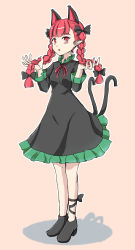 Rule 34 | 1girl, animal ears, black bow, black footwear, black ribbon, bow, bowtie, cat ears, cat tail, dress, extra ears, green dress, highres, holding, holding hair, kachuten, kaenbyou rin, leg ribbon, multiple tails, open mouth, orange background, pointy ears, puffy sleeves, red bow, red bowtie, red eyes, red hair, ribbon, shadow, simple background, solo, standing, tail, touhou, two tails, yellow background