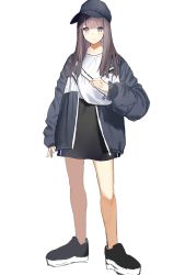 Rule 34 | 1girl, aquna, black footwear, black skirt, blush, brown hair, closed mouth, commentary request, full body, grey eyes, hat, highres, jacket, long hair, long sleeves, looking at viewer, original, shoes, simple background, skirt, smile, solo, white background