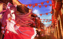 Rule 34 | 1girl, architecture, ascot, bad id, bad pixiv id, bai kongque, bare shoulders, blue sky, bow, brown hair, bug, butterfly, choker, day, detached sleeves, east asian architecture, flower, hair bow, hair flower, hair ornament, hair tubes, hakurei reimu, head tilt, highres, insect, jpeg artifacts, lantern, long hair, looking at viewer, outdoors, own hands together, parted lips, red eyes, ribbon, road, sarashi, sky, solo, street, touhou, town, v arms, very long hair