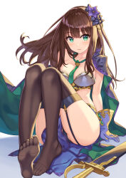 Rule 34 | 1girl, absurdres, arm support, armor, ass, bare shoulders, bikini armor, black cloak, black panties, black thighhighs, blue gloves, blush, breasts, brown hair, cloak, closed mouth, collarbone, dot nose, feet, floating cape, floating hair, flower, full body, garter straps, gloves, green eyes, green necktie, hair flower, hair ornament, hamahama, highres, idolmaster, idolmaster cinderella girls, idolmaster cinderella girls starlight stage, knees up, legs, long hair, looking at viewer, medium breasts, midriff, necktie, no shoes, panties, pelvic curtain, purple flower, revealing clothes, shibuya rin, simple background, sitting, smile, soles, solo, sword, thighhighs, toes, underwear, weapon, white background, wind, wind lift