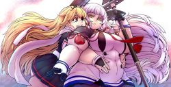 Rule 34 | &gt;:&lt;, 2girls, :&lt;, belly grab, belly rub, biceps, big belly, blonde hair, blunt bangs, breasts, bridal gauntlets, buttons, colored eyelashes, commentary, covered navel, dress, english commentary, fat, fat rolls, gloves, grin, highres, hug, hug from behind, kantai collection, large breasts, long hair, multiple girls, murakumo (kancolle), obese, orange eyes, panties, pleated skirt, red eyes, ringsong, scarf, school uniform, serafuku, short sleeves, skirt, smile, striped clothes, striped panties, underwear, v-shaped eyebrows, very long hair, weapon, white hair, yuri, yuudachi (kancolle)