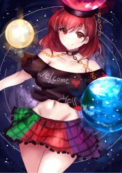 Rule 34 | 1girl, bad id, bad pixiv id, bare shoulders, chain, clothes writing, collar, collarbone, crop top, crop top overhang, earth (planet), groin, hat, hecatia lapislazuli, highres, looking at viewer, midriff, miniskirt, moon, moruchi (rinaka moruchi), multicolored clothes, multicolored skirt, navel, off shoulder, planet, red eyes, red hair, shirt, skirt, smile, solo, taut clothes, taut shirt, touhou