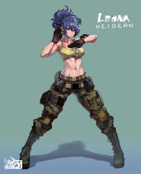 Rule 34 | 1girl, abs, absurdres, ammunition pouch, armlet, bare shoulders, belt, biceps, blue eyes, blue hair, breasts, camouflage, camouflage pants, character name, crop top, dog tags, earrings, full body, glint, gloves, green background, highres, jewelry, large breasts, leona heidern, looking at viewer, making-of available, mar10, midriff, military, military uniform, muscular, muscular female, navel, pants, ponytail, pouch, shadow, sleeveless, solo, standing, tank top, the king of fighters, the king of fighters xv, triangle earrings, uniform, yellow tank top