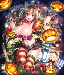 Rule 34 | 00s, 2girls, ahoge, asahi, blonde hair, breasts, brown hair, candy, cecilia cello, chibi, cleavage, closed eyes, dress, female focus, food, hat, highres, horns, large breasts, legs, looking at viewer, multiple girls, navel, night, open mouth, red eyes, rina (taimanin asagi), shiny skin, smile, taimanin (series), taimanin asagi, taimanin asagi kessen arena, thighhighs