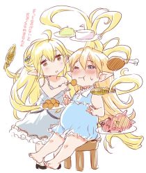 Rule 34 | 10s, 2girls, barefoot, big belly, blonde hair, blush, charlotta (granblue fantasy), dress, eating, feeding, full stomach, granblue fantasy, hair ornament, harvin, holding, inflation, long hair, looking at another, melissabelle, messy hair, multiple girls, one eye closed, open mouth, pointy ears, simple background, sitting, stomach bulge, stool, very long hair, vyrn (granblue fantasy), wavy hair, weight gain, white background, zanzi