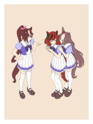 Rule 34 | 3girls, ^ ^, animal ears, bow, bowtie, breasts, brown footwear, brown hair, closed eyes, closed mouth, ear scrunchie, full body, hands on headwear, highres, horse ears, horse girl, horse tail, kashinoki (koaaski), long hair, looking at another, multiple girls, nice nature (umamusume), open mouth, pleated skirt, ponytail, purple shirt, sailor collar, school uniform, shirt, shoes, short hair, short sleeves, simple background, skirt, small breasts, smile, standing, tail, thighhighs, tokai teio (umamusume), tracen school uniform, twintails, umamusume, white skirt, white thighhighs, yamanin zephyr (umamusume)