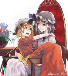 Rule 34 | 2girls, alternate costume, arms around neck, asymmetrical wings, bad id, bad pixiv id, bat wings, blonde hair, brooch, chair, dress, flandre scarlet, hat, highres, jewelry, light purple hair, looking at another, mob cap, multiple girls, purple dress, red dress, red eyes, remilia scarlet, short hair, siblings, side ponytail, sisters, sitting, sitting on lap, sitting on person, table, touhou, wings, yamazaki haru