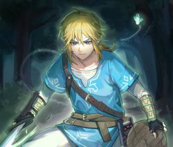 Rule 34 | 1boy, absurdres, belt, black gloves, blonde hair, blue shirt, brown belt, collarbone, cowboy shot, fairy, fingerless gloves, forest, gloves, green eyes, grey pants, highres, holding, holding sword, holding weapon, link, looking at viewer, medium hair, nature, nintendo, pants, pointy ears, sheikah slate, shirt, short sleeves, solo, sp0i0ppp, sweat, sword, the legend of zelda, the legend of zelda: breath of the wild, tree, weapon