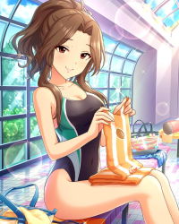 Rule 34 | 1girl, artist request, bag, bare shoulders, bench, breasts, brown hair, cleavage, collarbone, competition swimsuit, covered navel, highleg, highleg swimsuit, holding, idolmaster, idolmaster cinderella girls, komuro chinami, long hair, looking at viewer, medium breasts, official art, one-piece swimsuit, ponytail, poolside, red eyes, sitting, smile, solo, sunlight, swimsuit, towel