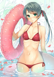 Rule 34 | 10s, 1girl, alternate costume, arms at sides, b-ginga, bare shoulders, bikini, blush, breasts, collarbone, cowboy shot, day, eyebrows, green eyes, green hair, groin, hair ribbon, halterneck, innertube, kantai collection, lips, long hair, matching hair/eyes, mikuma (kancolle), navel, open mouth, partially submerged, petals, red bikini, red ribbon, ribbon, ribs, side-tie bikini bottom, skindentation, small breasts, solo, standing, stomach, swept bangs, swim ring, swimsuit, thighs, twintails, wading, water, wide hips