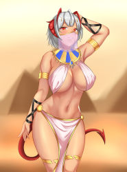 Rule 34 | 1girl, absurdres, ahoge, alinlinlinglin, alternate costume, antennae, arknights, arm up, armpits, bare arms, bare shoulders, breasts, commentary, cowboy shot, dark-skinned female, dark skin, desert, egyptian clothes, grin, highres, horns, large breasts, looking at viewer, midriff, mouth veil, navel, outdoors, pelvic curtain, pyramid (structure), red eyes, revealing clothes, short hair, silver hair, smile, solo, standing, stomach, tail, thighlet, thighs, usekh collar, veil, w (arknights)