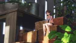 Rule 34 | 1girl, bare arms, bare legs, bare shoulders, between legs, bikini, bikini top only, black footwear, black shorts, blue bikini, blush, breasts, brick, brown eyes, brown hair, cleavage, closed mouth, collarbone, day, fence, flip-flops, full body, hand between legs, hashi, highres, ivy, leaf, looking at viewer, medium breasts, mini person, minigirl, navel, original, outdoors, plant, potted plant, sandals, short shorts, shorts, sitting, smile, solo, swimsuit, table, wide shot, wooden table
