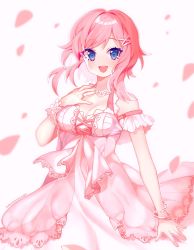 Rule 34 | 1girl, :d, artist name, blue eyes, bracelet, commentary, dress, hair ornament, hairclip, hand on own chest, hand up, highres, jewelry, long hair, necklace, open mouth, original, outline, petals, pink dress, pink hair, ring, savi (byakushimc), short sleeves, simple background, smile, solo, symbol-only commentary, wedding band, white background, white outline, x hair ornament