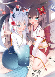 Rule 34 | 2girls, ahoge, animal ear fluff, animal ears, aqua eyes, barefoot, bell, blue hakama, blue kimono, blush, bow, brown hair, commentary, crop top, day, detached sleeves, double-parted bangs, feet out of frame, flower, fox ears, fox girl, fox tail, gradient kimono, hair bell, hair between eyes, hair bow, hair flower, hair ornament, hakama, hakama short skirt, hakama skirt, high-waist skirt, highres, holding, holding paintbrush, hololive, japanese clothes, kanzashi, kimono, long hair, long sleeves, looking at viewer, medium hair, midriff, multiple girls, natsuiro matsuri, natsuiro matsuri (new year), new year, nontraditional miko, official alternate costume, on floor, open mouth, outdoors, paintbrush, paper, red bow, red skirt, shirakami fubuki, shirakami fubuki (new year), sidelocks, sitting, skirt, smile, snowing, tail, tatami, translation request, virtual youtuber, wariza, white hair, white kimono, wide sleeves, wooden floor, yokozuwari, yoshie eneko
