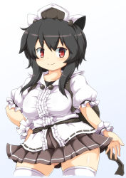 Rule 34 | &gt;:), 1girl, animal ears, black hair, blouse, breasts, cat ears, collarbone, collared shirt, curvy, frilled shirt collar, frills, hair bobbles, hair ornament, hand on own hip, headpiece, highres, himeka (estacion), huyusilver, large breasts, miniskirt, mrs. estacion, mrs. estacion (game), pleated skirt, red eyes, sash, shirt, short hair, skirt, smile, solo, thighhighs, undershirt, v-shaped eyebrows, white thighhighs, wide hips, wrist cuffs