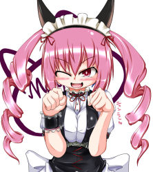 Rule 34 | 1girl, akiha rumiho, animal ears, blush, breasts squeezed together, breasts, cat ears, curly hair, drill hair, fang, fangs, faris nyannyan, headdress, large breasts, maid, neck ribbon, one eye closed, pink hair, red eyes, ribbon, solo, steins;gate, twintails, wink, wrist cuffs, zero hime, zp