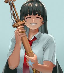 Rule 34 | 1girl, ^ ^, absurdres, black hair, blue background, blunt bangs, caustics, closed eyes, collared shirt, commentary request, grin, hand tattoo, highres, holding, holding sword, holding weapon, koji (ku 123k), long hair, magatama, protagonist 2 (housamo), necktie, red necktie, school uniform, shirt, sidelocks, smile, solo, star tattoo, sword, tattoo, tokyo houkago summoners, upper body, weapon, white shirt