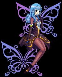 Rule 34 | alfa system, ange serena, artist request, black background, blue hair, breasts, choker, cleavage, dress, elbow gloves, emeraude (tales of graces), frills, gloves, long hair, pantyhose, purple eyes, shoes, tales of (series), tales of graces, tales of innocence