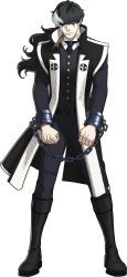 Rule 34 | 1boy, absurdres, ace attorney, belt, black hair, black pants, boots, capcom, clenched hands, cuffs, feathers, full body, fuse takuro, grey eyes, hair between eyes, handcuffs, highres, jacket, knee boots, looking at viewer, male focus, multicolored hair, necktie, official art, pants, phoenix wright: ace attorney - dual destinies, ponytail, shaded face, simon blackquill, solo, transparent background, two-tone hair, wavy hair, white hair