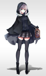 Rule 34 | 1girl, absurdres, black cape, black footwear, black gloves, blue jacket, boots, cape, commentary, english commentary, fate (series), full body, fur-trimmed cape, fur trim, gloves, gray (fate), green eyes, grey background, grey skirt, grey thighhighs, hair between eyes, highres, holding, hood, hood up, hooded cape, jacket, kisaragi yuri, long sleeves, lord el-melloi ii case files, plaid, plaid skirt, pleated skirt, shadow, sidelocks, silver hair, skirt, solo, standing, thighhighs