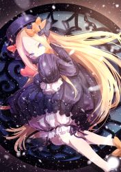 Rule 34 | 1girl, abigail williams (fate), black bow, black dress, black footwear, black hat, blonde hair, bloomers, blue eyes, bow, bug, butterfly, commentary request, dress, fate/grand order, fate (series), forehead, hair bow, hat, highres, hugging object, insect, long hair, long sleeves, looking at viewer, lying, mike (mike-neko-chip), on side, orange bow, parted bangs, polka dot, polka dot bow, shoes, sleeves past fingers, sleeves past wrists, solo, stuffed animal, stuffed toy, teddy bear, underwear, very long hair, white bloomers