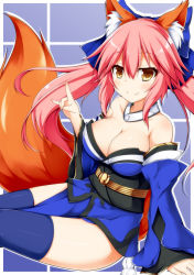 Rule 34 | 1girl, animal ears, bare shoulders, blue thighhighs, blush, bow, breasts, cleavage, collarbone, detached sleeves, fate/grand order, fate (series), fox ears, fox shadow puppet, fox tail, hair bow, hair ribbon, highres, japanese clothes, large breasts, looking at viewer, mizuki (kogetsu-tei), off shoulder, pink hair, ribbon, sitting, solo, tail, tamamo (fate), tamamo no mae (fate/extra), thighhighs, yellow eyes