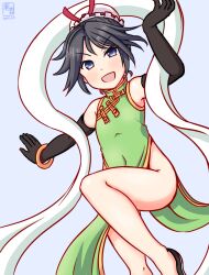 Rule 34 | 1girl, alternate costume, artist logo, black gloves, black hair, breasts, bun cover, china dress, chinese clothes, covered navel, dated, dress, elbow gloves, feet out of frame, gloves, green dress, grey eyes, hair bun, kanon (kurogane knights), kantai collection, katsuragi (kancolle), one-hour drawing challenge, shawl, short hair, small breasts, solo, white background, white shawl