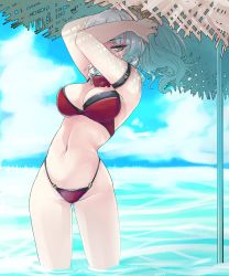 Rule 34 | 1girl, arm strap, arms up, bikini, blue sky, blunt bangs, breasts, carmilla (fate), carmilla (summertime mistress) (fate), cleavage, cloud, cloudy sky, day, fate/grand order, fate (series), hands in hair, large breasts, long hair, looking at viewer, navel, nekoperon, ocean, outdoors, ponytail, red bikini, silver hair, sky, solo, standing, swimsuit, thighs, wading, wavy hair, yellow eyes