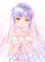 Rule 34 | 1girl, absurdres, angel beats!, blush, bridal veil, collarbone, diadem, dress, earrings, hair between eyes, highres, jewelry, looking at viewer, na-ga, official art, open mouth, ring, short hair, silver hair, simple background, sleeveless, sleeveless dress, solo, sparkle, strapless, strapless dress, tenshi (angel beats!), veil, wedding dress, wedding ring, white background, white dress, yellow eyes