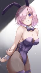 Rule 34 | 1girl, :d, absurdres, alternate costume, animal ears, arms behind back, bare shoulders, blush, breasts, cleavage, cowboy shot, cross-laced clothes, detached collar, fake animal ears, fate/grand order, fate (series), from side, grin, hair over one eye, highres, leaning forward, leotard, looking at viewer, mash kyrielight, medium breasts, medium hair, open mouth, pantyhose, pink hair, playboy bunny, purple eyes, purple hair, purple leotard, rabbit ears, smile, solo, thigh strap, wrist cuffs, yanagi marie