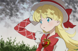 Rule 34 | 1girl, :o, ashita no nadja, blonde hair, blue eyes, bow, brooch, commentary request, hand on headwear, hand up, hat, hat bow, heart, heart brooch, highres, jewelry, long hair, long sleeves, looking to the side, nadja applefield, open mouth, outdoors, porkpie hat, solo, teruya (6w6y), upper body, white hat