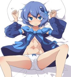 Rule 34 | 10s, 1girl, abs, akaino (akaomi), blue hair, blush, detached sleeves, female focus, hair ornament, lying, midriff, navel, on back, on bed, panties, partially visible vulva, pillow, piruluk, solo, spread legs, underwear, wixoss