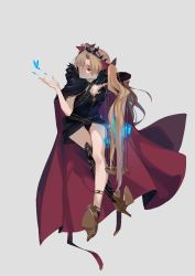 Rule 34 | 1girl, blonde hair, bow, breasts, bug, butterfly, cape, crossed legs, earrings, ereshkigal (fate), fate/grand order, fate (series), full body, glowing, hair bow, hair ribbon, highres, icelernd, insect, jewelry, long hair, parted bangs, red eyes, ribbon, solo, tiara, two side up, very long hair